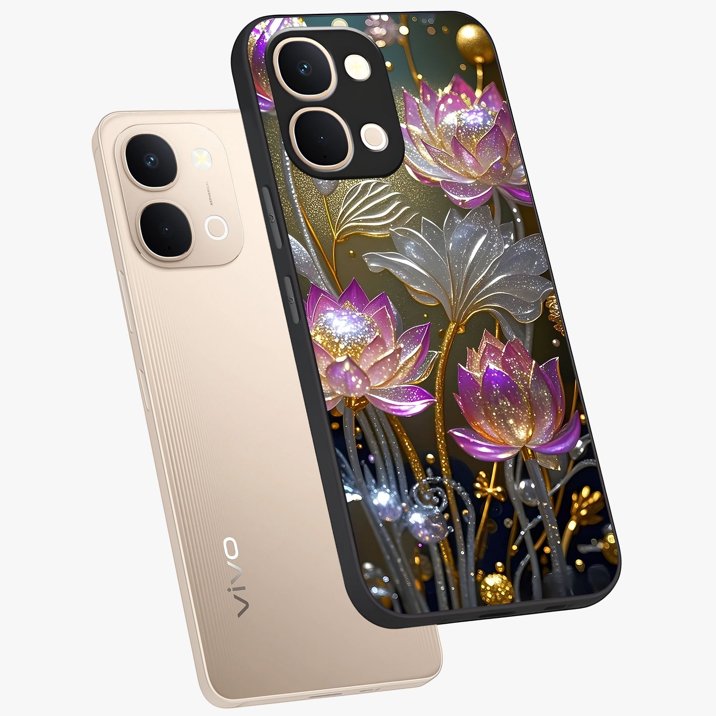 Golden Floral Majesty Glass Case displayed in angled mockup highlighting elegant flower design with royal golden aesthetic.