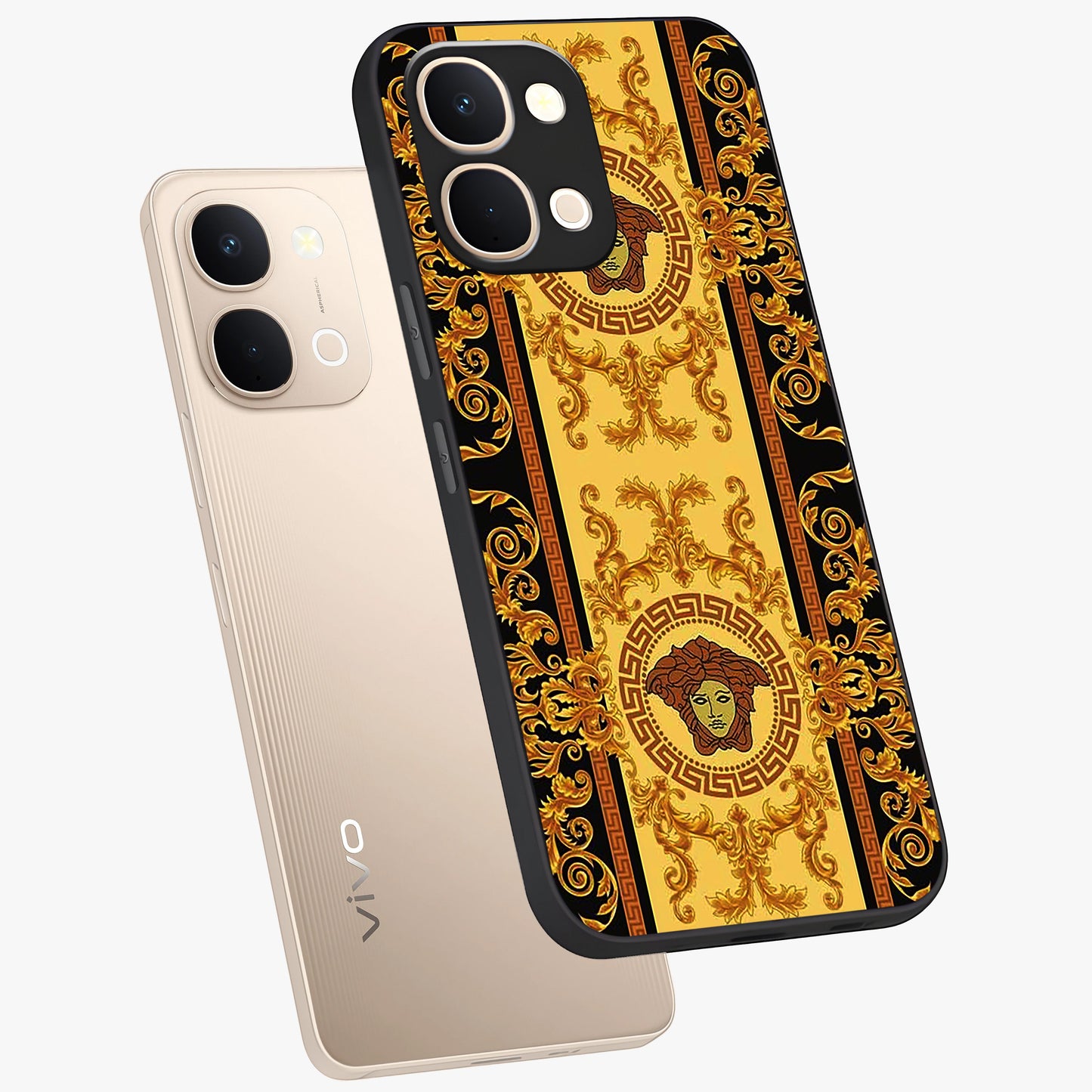Golden Lotus Glow Glass Case displayed in angled mockup highlighting radiant lotus illustration with spiritual aesthetic.