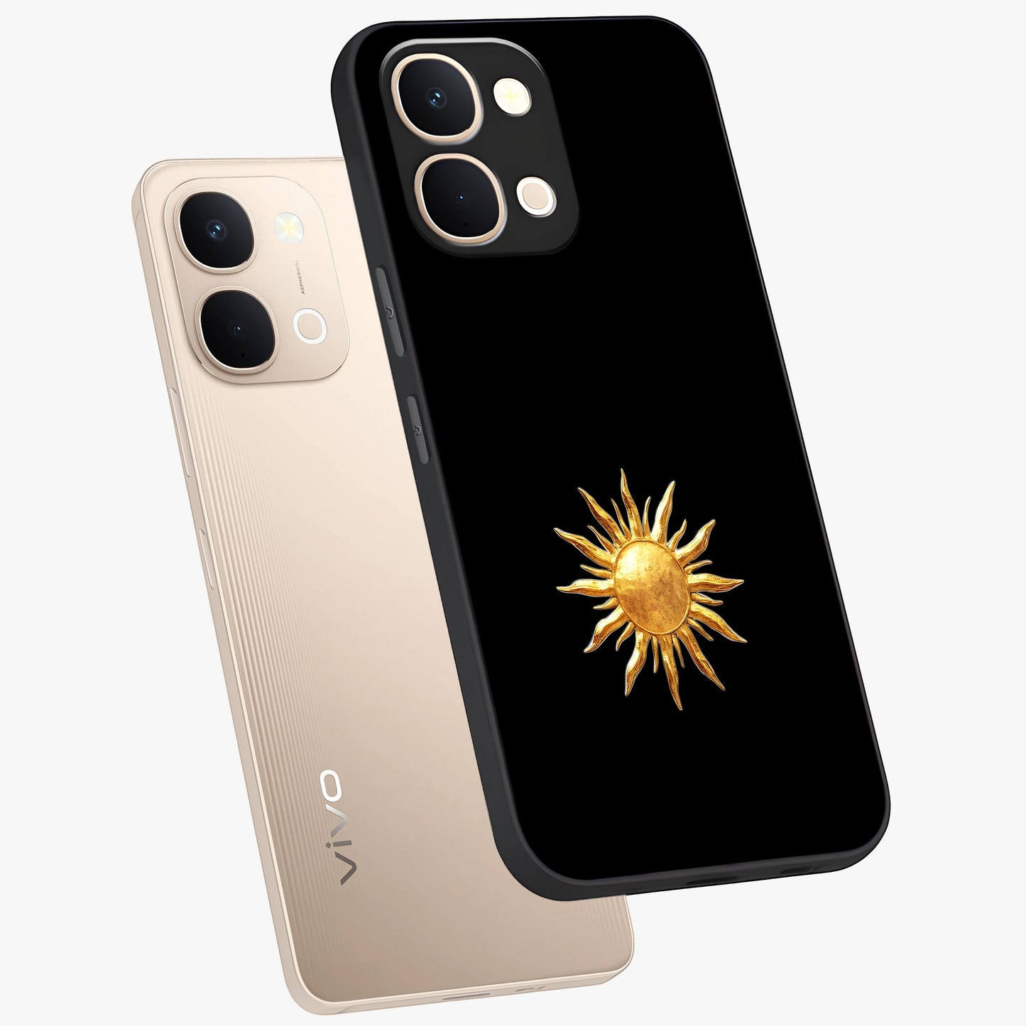 Golden Sun Minimalism Glass Case displayed in angled mockup highlighting eerie shadow illustration with gothic aesthetic.