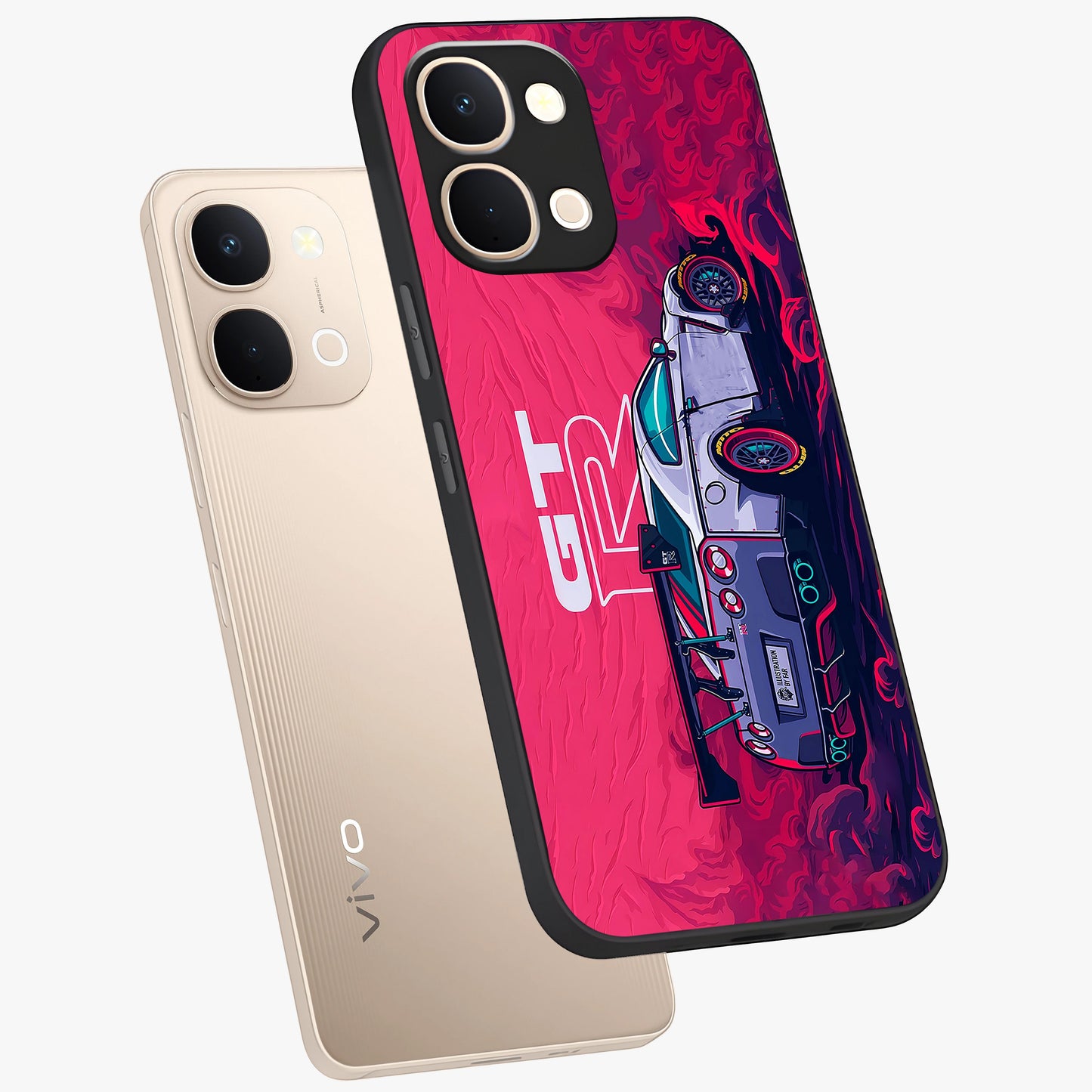 GT-R Car Pattern Glass Case displayed in angled mockup highlighting racing car graphic design with bold automotive aesthetic.