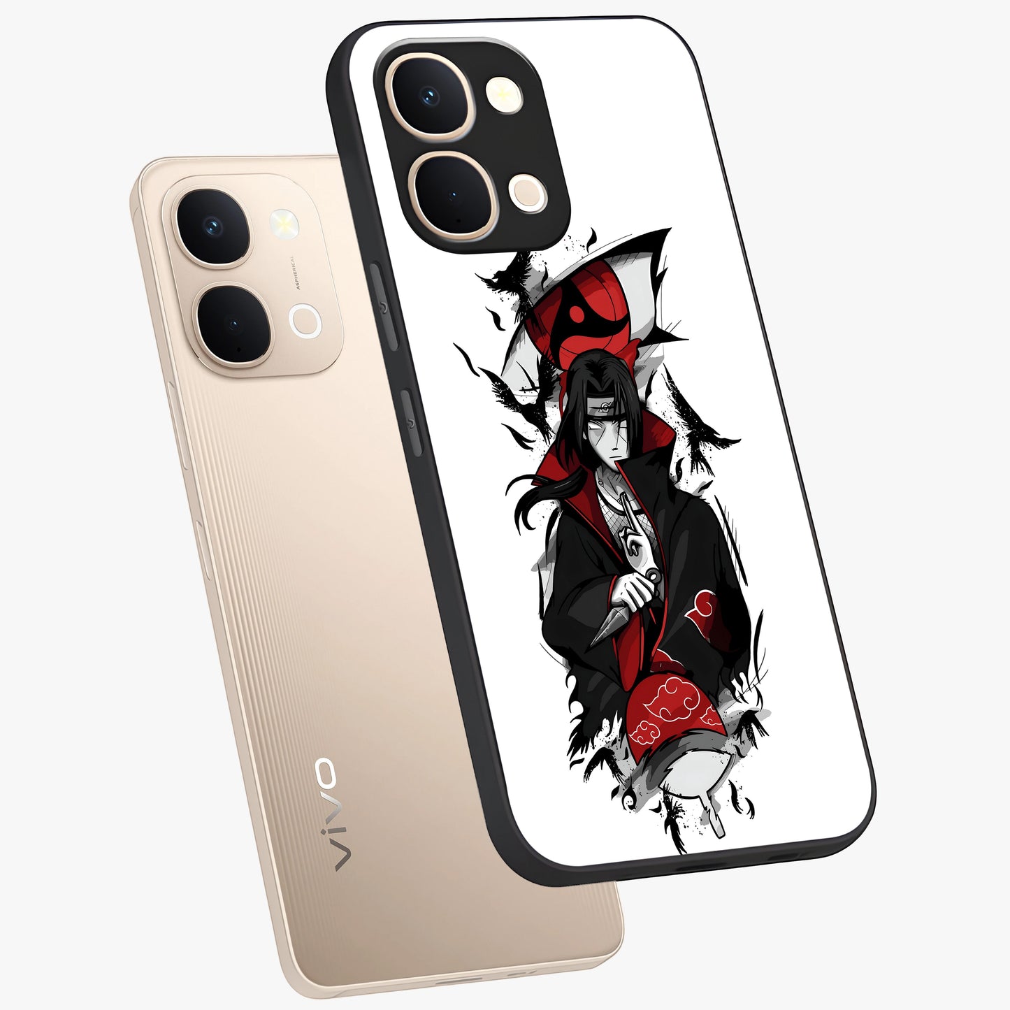 Itachi Limited Edition Naruto Anime Glass Case displayed in angled mockup highlighting dramatic anime illustration with bold action aesthetic.