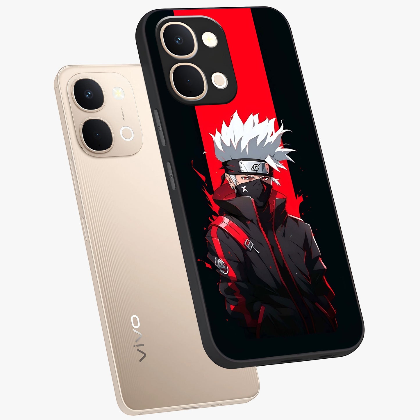 Kakashi Scarlet Shadow Glass Case displayed in angled mockup highlighting dramatic ninja illustration with scarlet themed aesthetic.