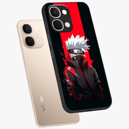Kakashi Scarlet Shadow Glass Case displayed in angled mockup highlighting dramatic ninja illustration with scarlet themed aesthetic.