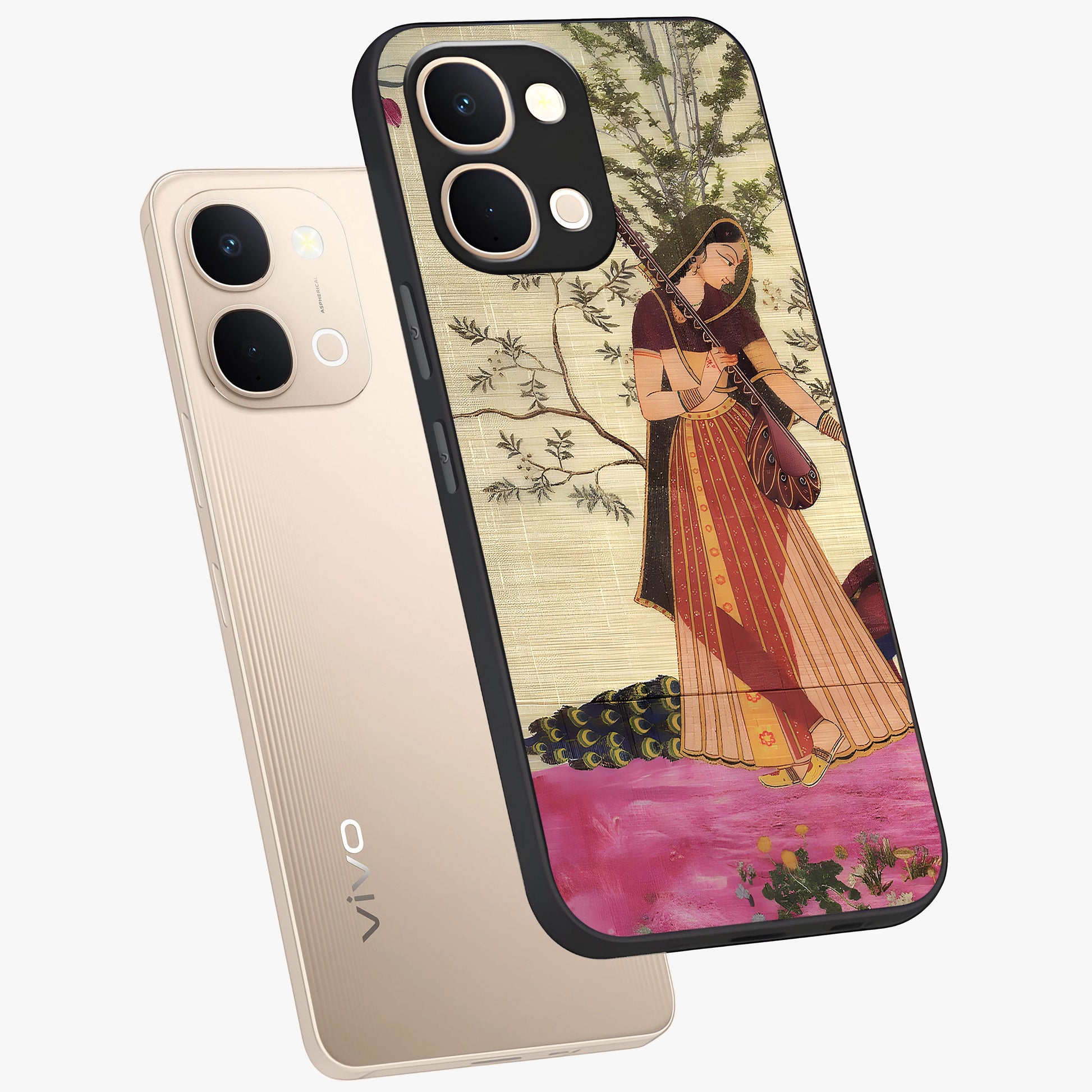 Lady With Veena Art Glass Case displayed in angled mockup highlighting graceful musical illustration with cultural artistic aesthetic.