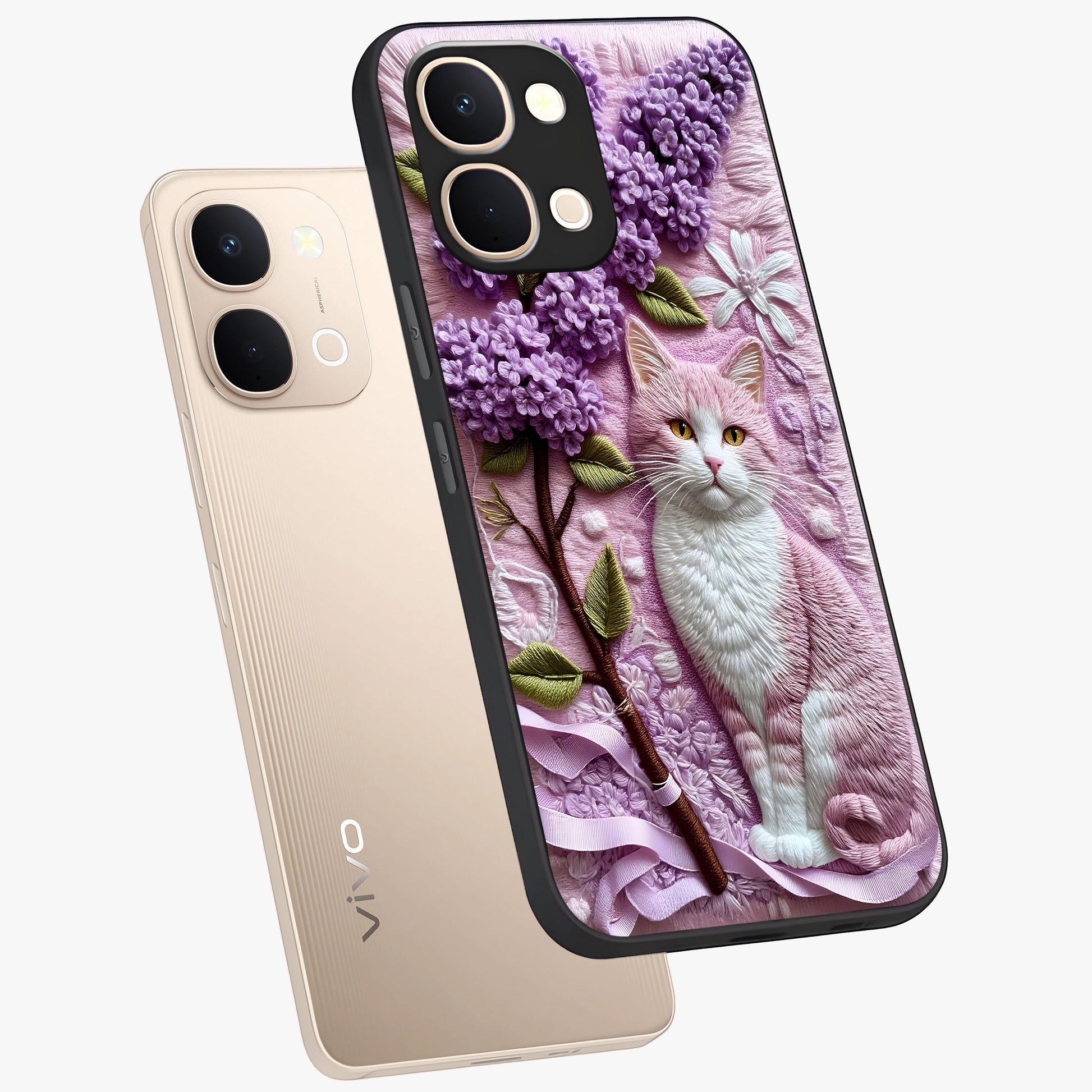 Lavender Cat Whimsy Glass Case displayed in angled mockup highlighting playful feline illustration with pastel lavender aesthetic.