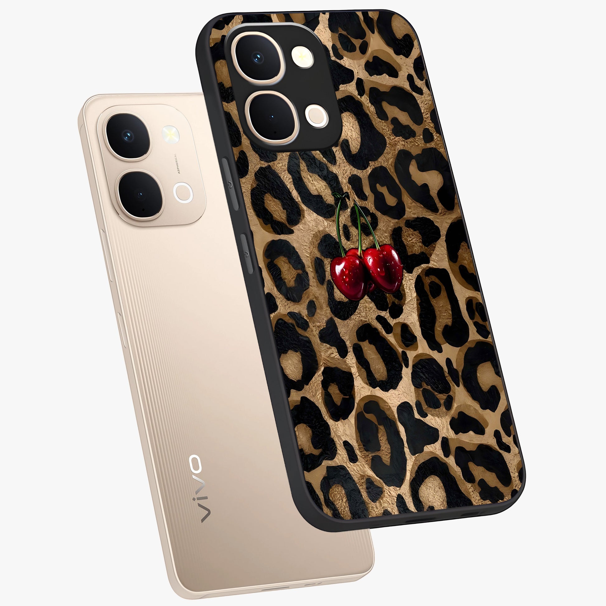 Leopard Wild Cherry Glass Case displayed in angled mockup highlighting bold animal print design with playful cherry aesthetic.