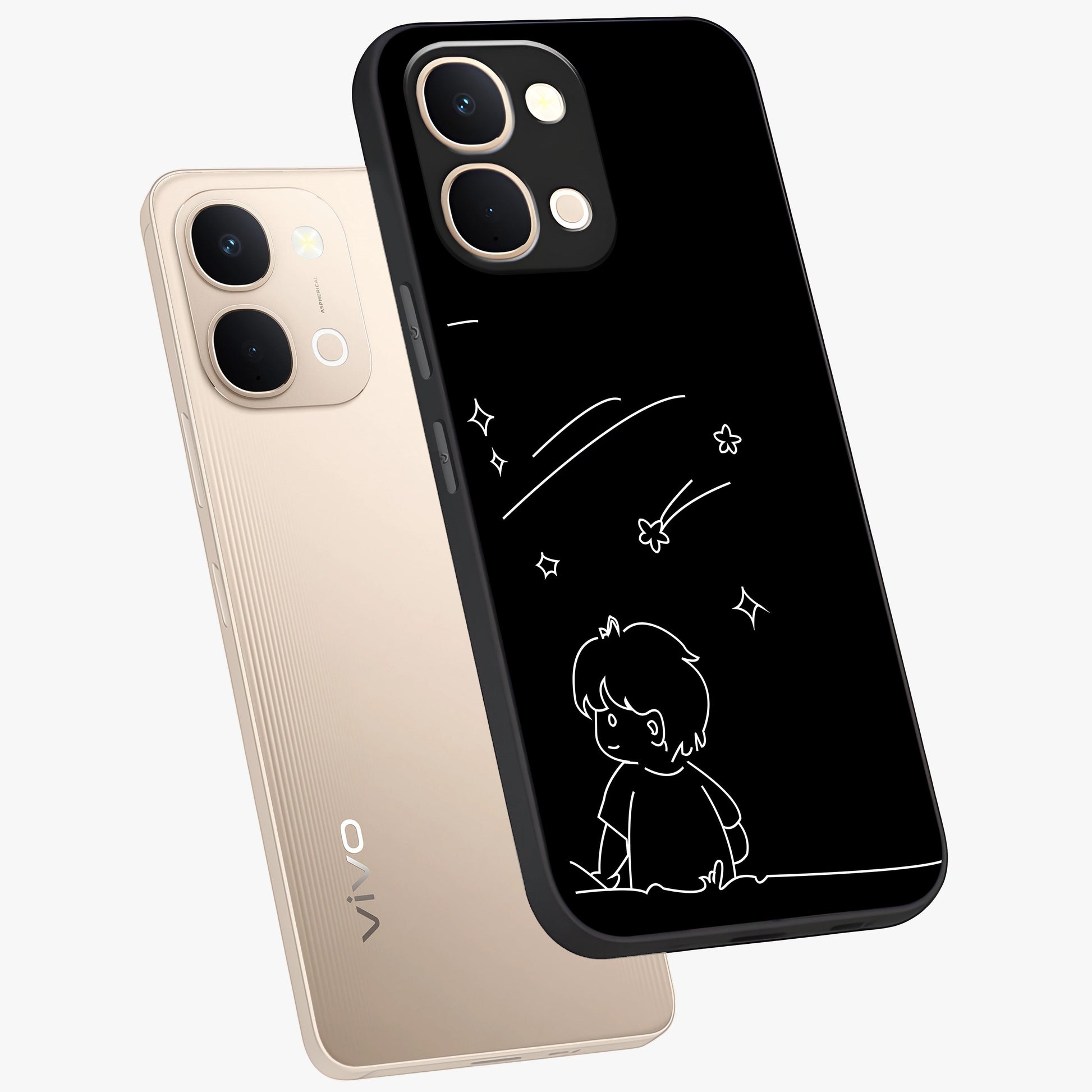 Line Art Boy With Shooting Stars Glass Case displayed in angled mockup highlighting elegant line art design with dreamy star aesthetic.