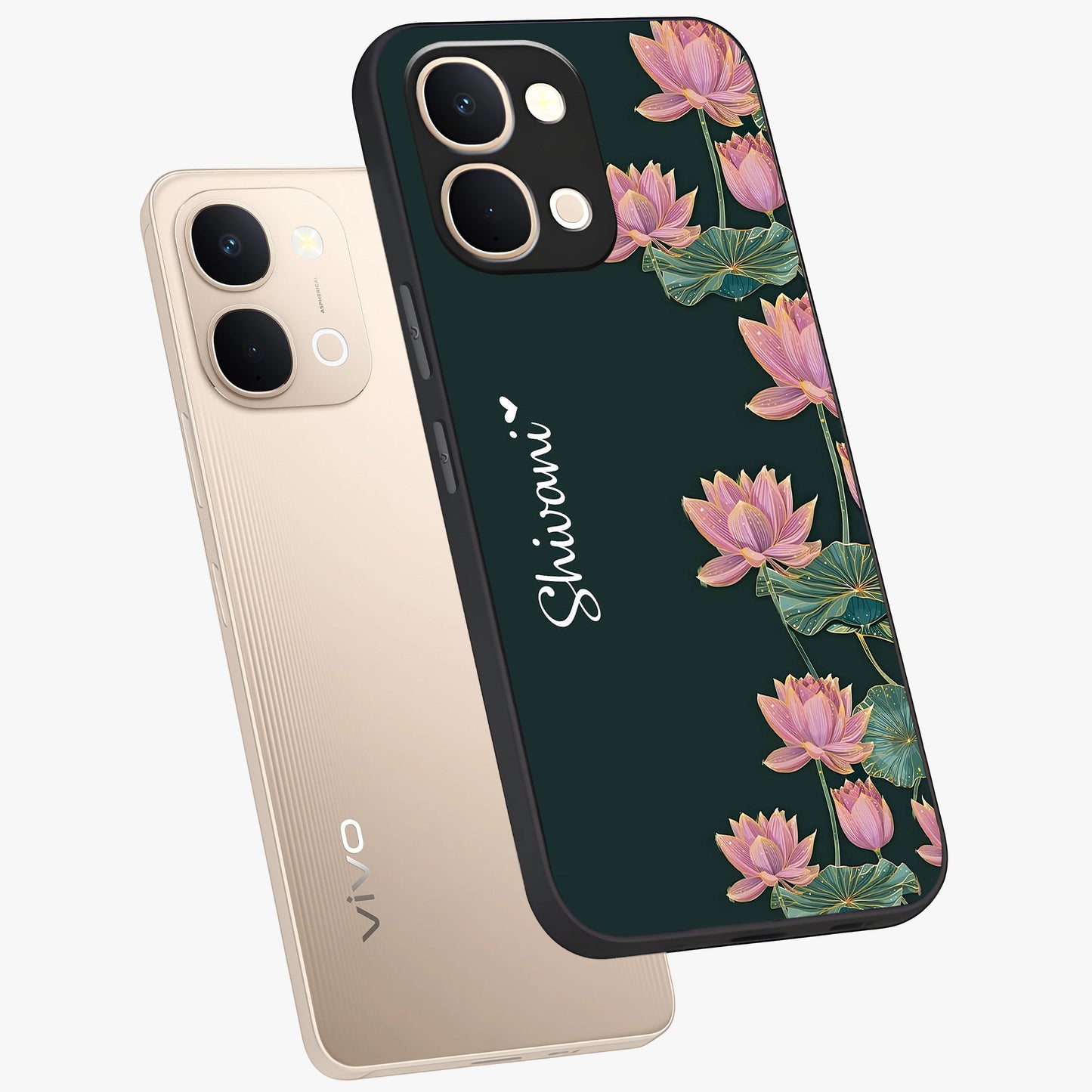 Lotus Bloom Serenity Custom Name Glass Case displayed in angled mockup highlighting graceful lotus illustration with custom name feature.