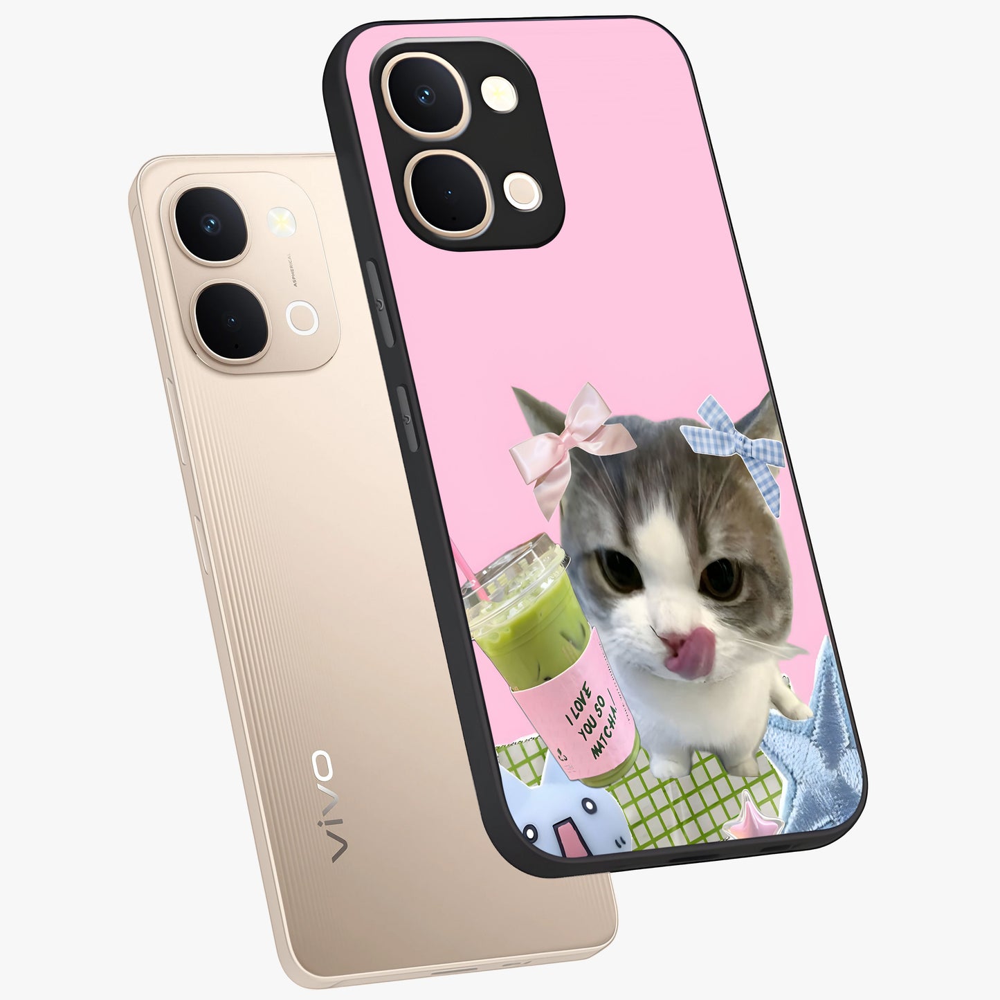 Love Matcha Cat Glass Case displayed in angled mockup highlighting playful feline illustration with cozy matcha aesthetic.