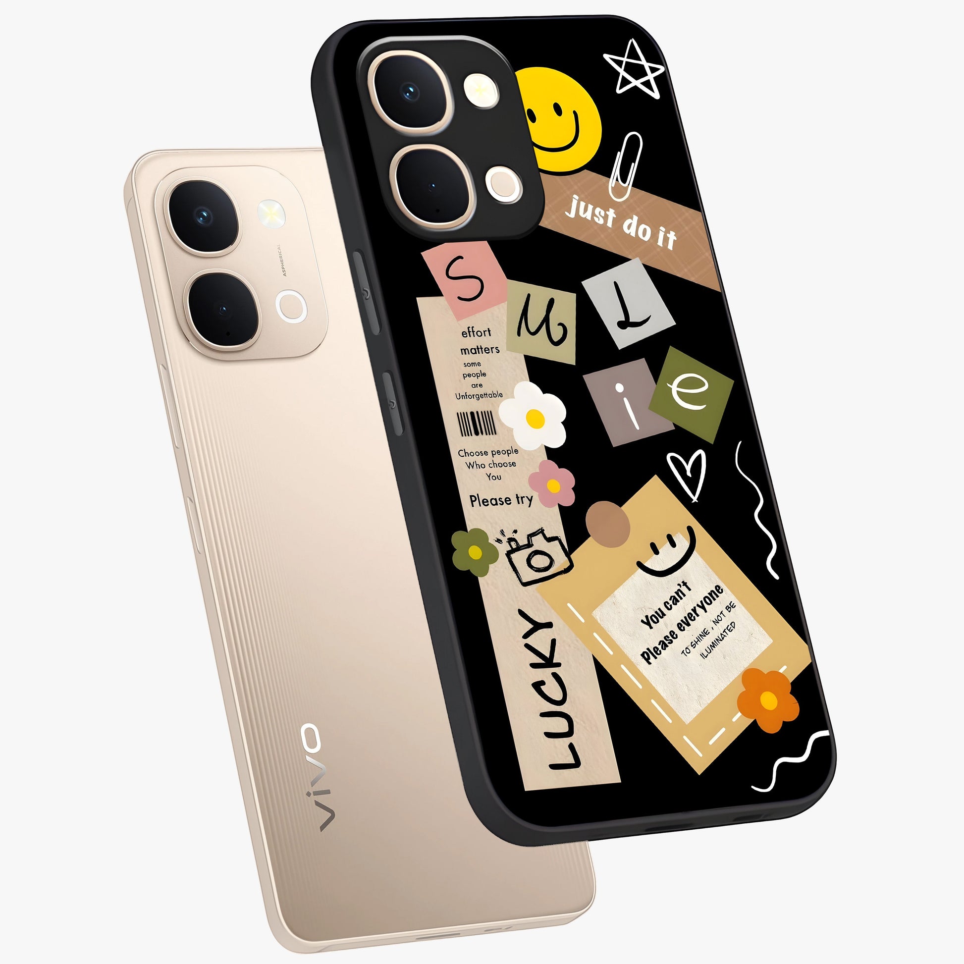 Lucky Aesthetic Collage Glass Case displayed in angled mockup highlighting stylish collage pattern with modern aesthetic vibe.