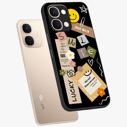 Lucky Aesthetic Collage Glass Case displayed in angled mockup highlighting stylish collage pattern with modern aesthetic vibe.