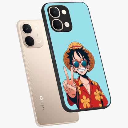 Luffy Summer Anime Vibe Glass Case displayed in angled mockup highlighting energetic anime illustration with summer vibe aesthetic.