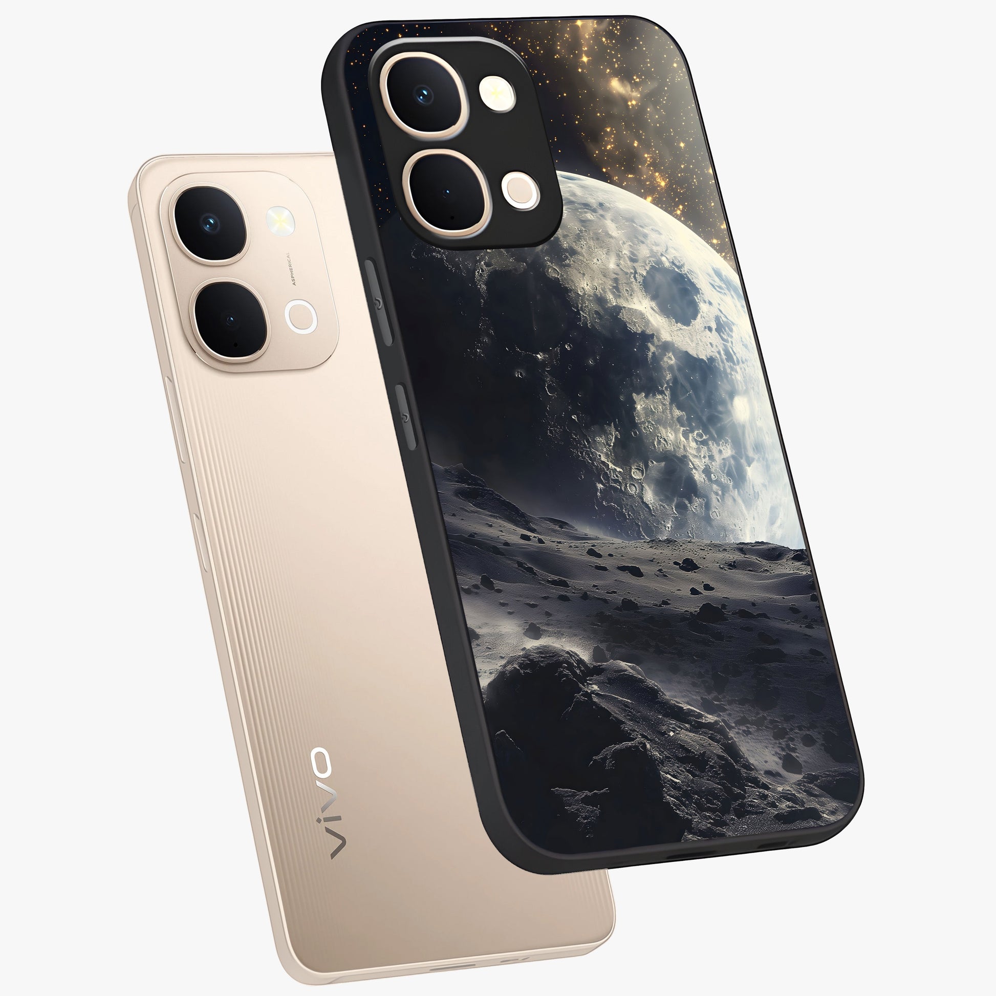 Lunar Horizon Glow Glass Case displayed in angled mockup highlighting celestial moon design with dreamy night aesthetic.