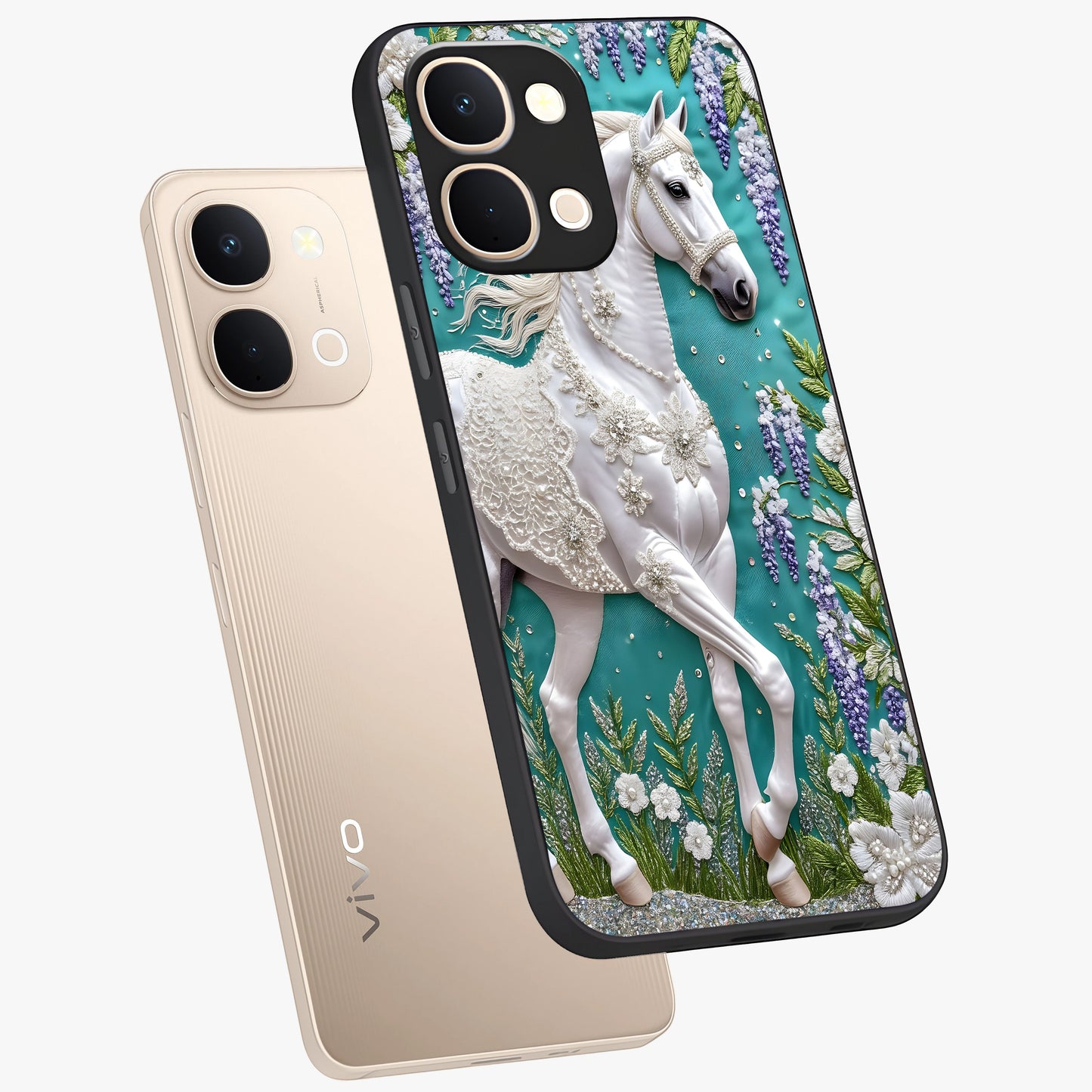 Majestic Floral Stallion Glass Case displayed in angled mockup highlighting majestic stallion illustration with elegant floral aesthetic.