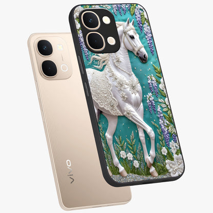 Majestic Floral Stallion Glass Case displayed in angled mockup highlighting majestic stallion illustration with elegant floral aesthetic.
