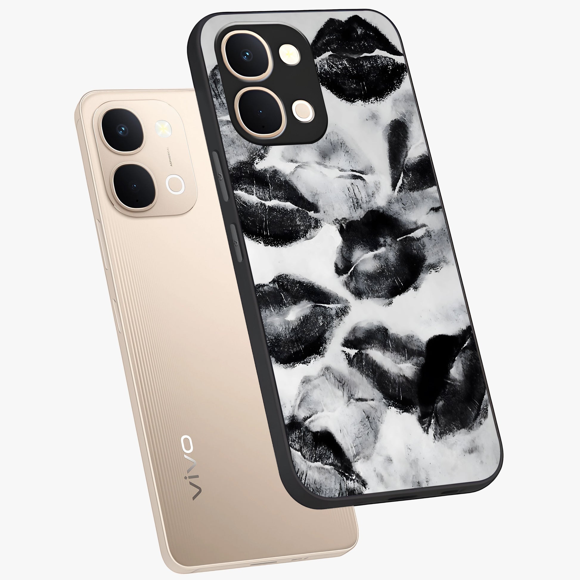 Midnight Kiss Marks Glass Case displayed in angled mockup highlighting playful romantic design with bold midnight aesthetic.