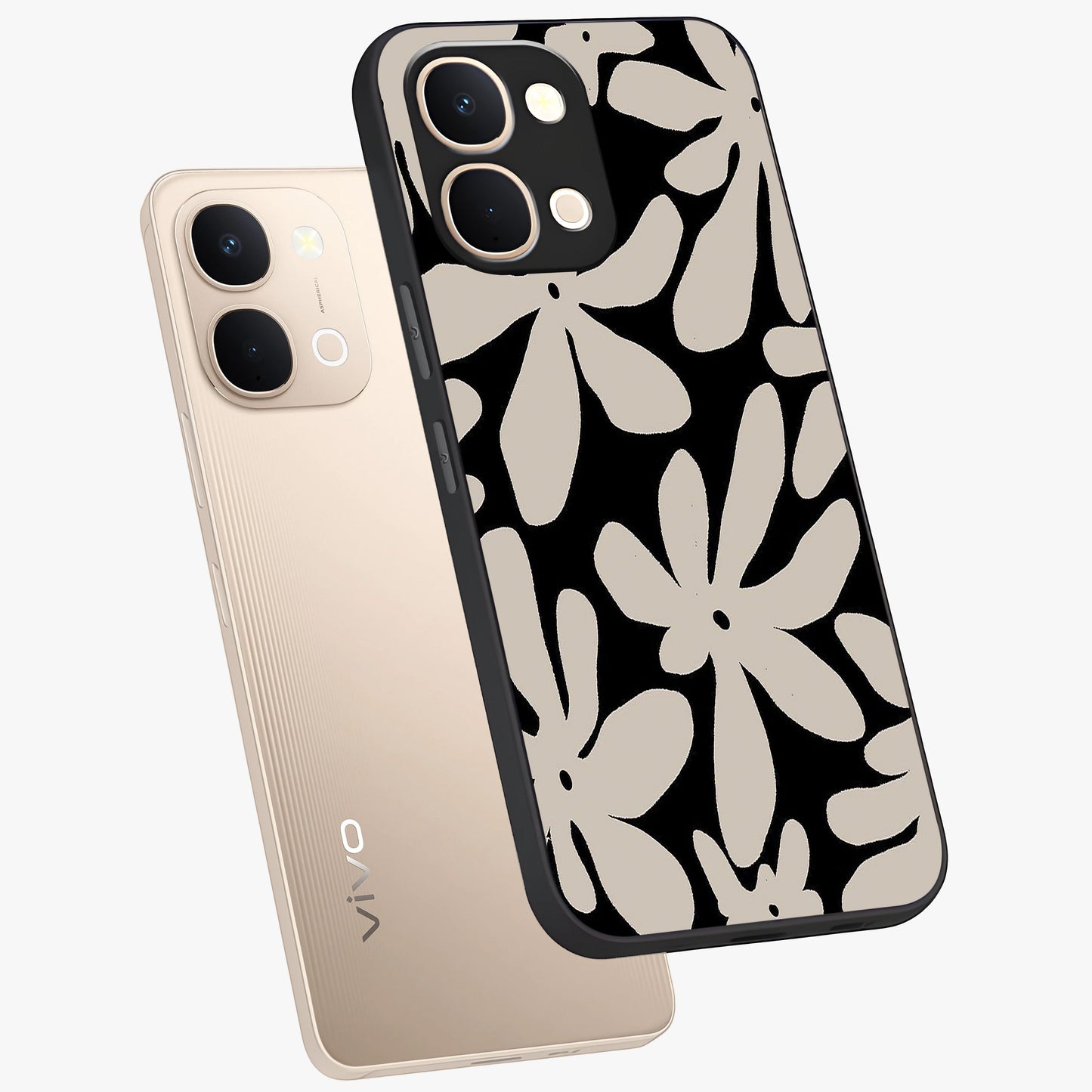 Monochrome Petal Dance Glass Case displayed in angled mockup highlighting elegant petal design with black and white aesthetic.