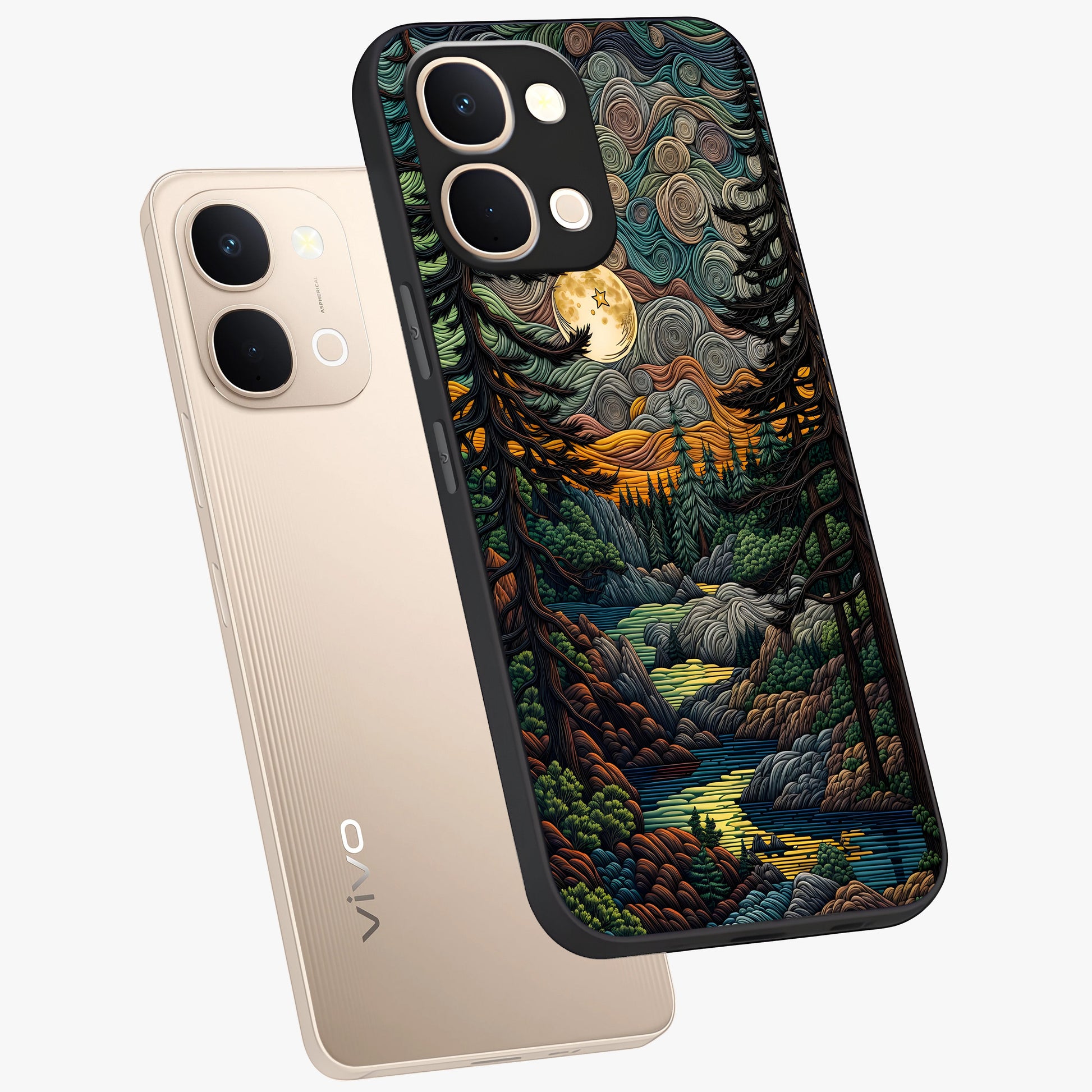 Moonlight Forest Dream Glass Case displayed in angled mockup highlighting dreamy forest design with glowing moon aesthetic.
