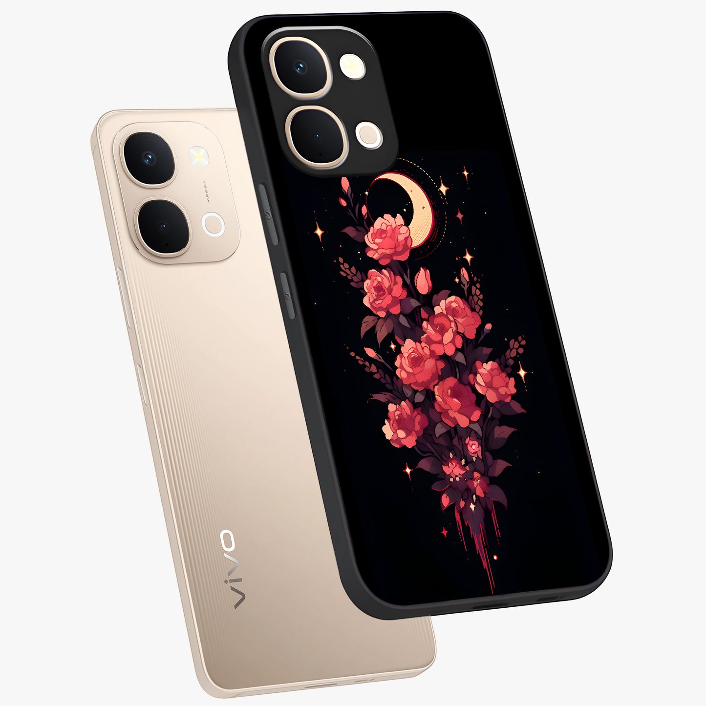Moonlit Floral Elegance Glass Case displayed in angled mockup highlighting graceful flower design with soft moonlight aesthetic.