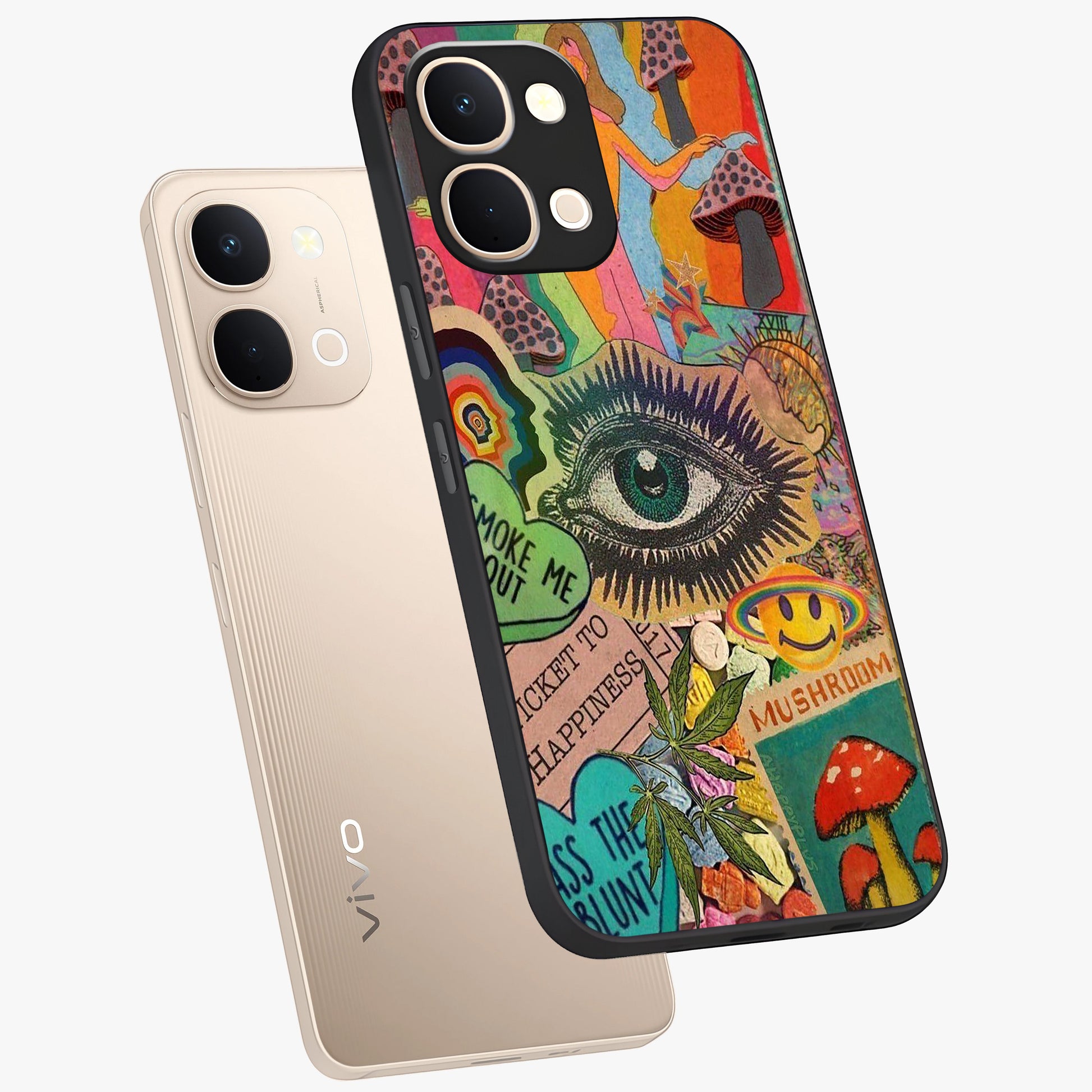 Mystic Eye Wonderland Glass Case displayed in angled mockup highlighting magical eye illustration with dreamy aesthetic.