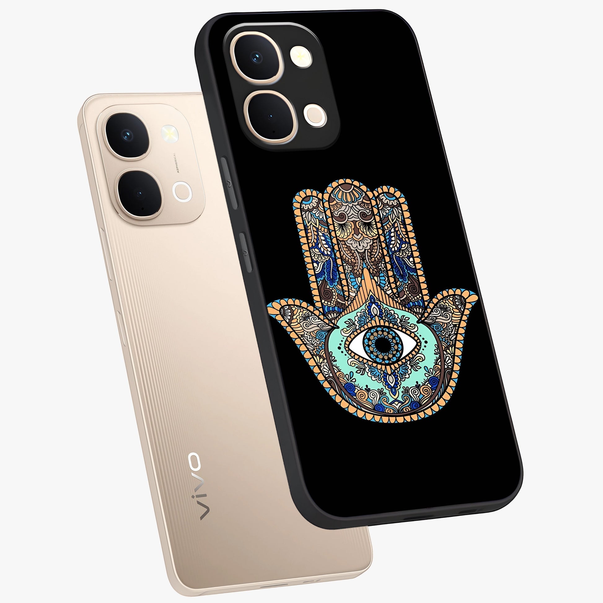 Mystic Hamsa Eye Glass Case displayed in angled mockup highlighting spiritual hamsa symbol with mystical aesthetic style.