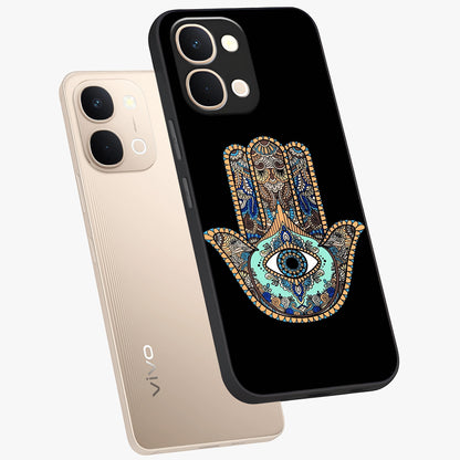 Mystic Hamsa Eye Glass Case displayed in angled mockup highlighting spiritual hamsa symbol with mystical aesthetic style.