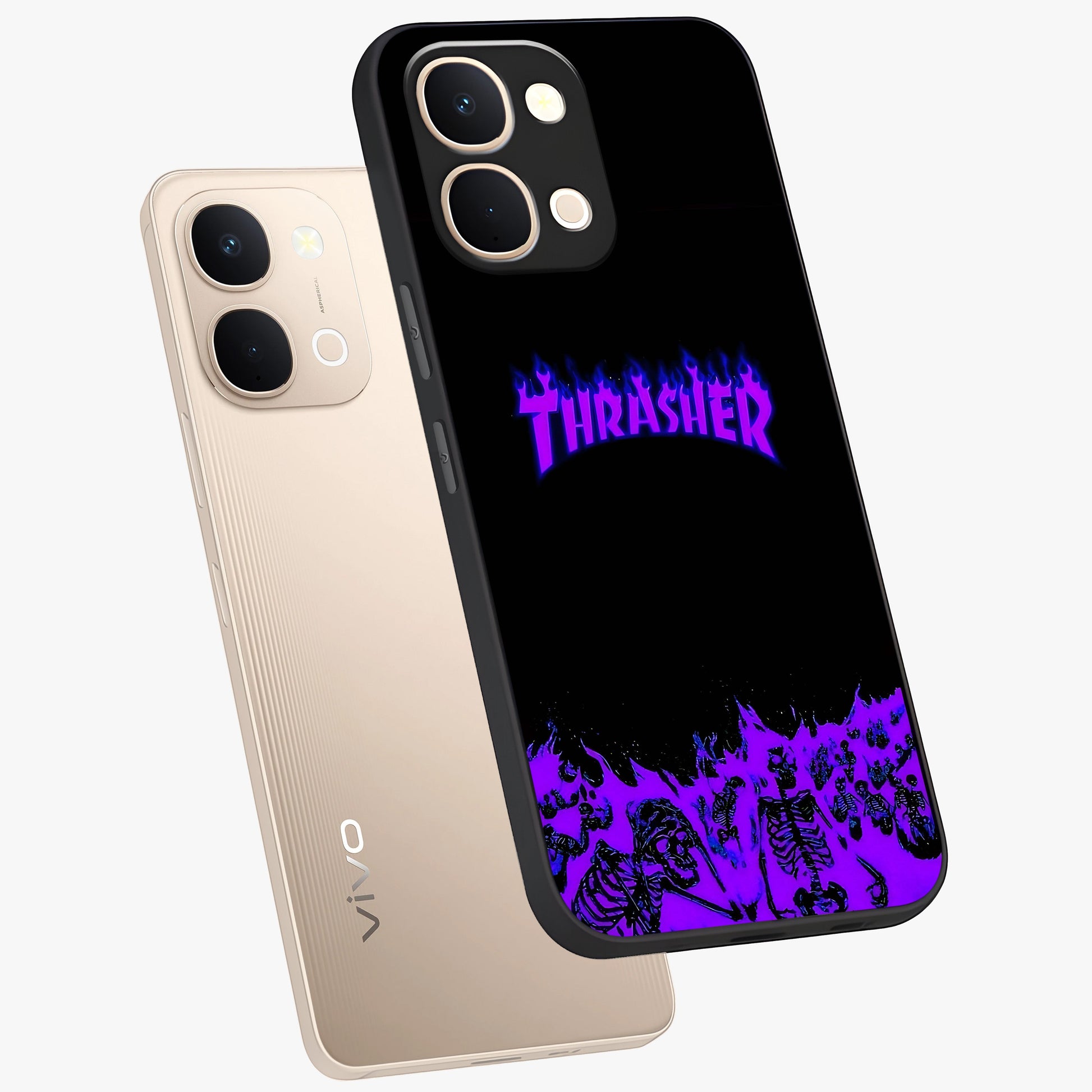 Neon Flame Riot Glass Case displayed in angled mockup highlighting glowing flame design with vibrant neon aesthetic.