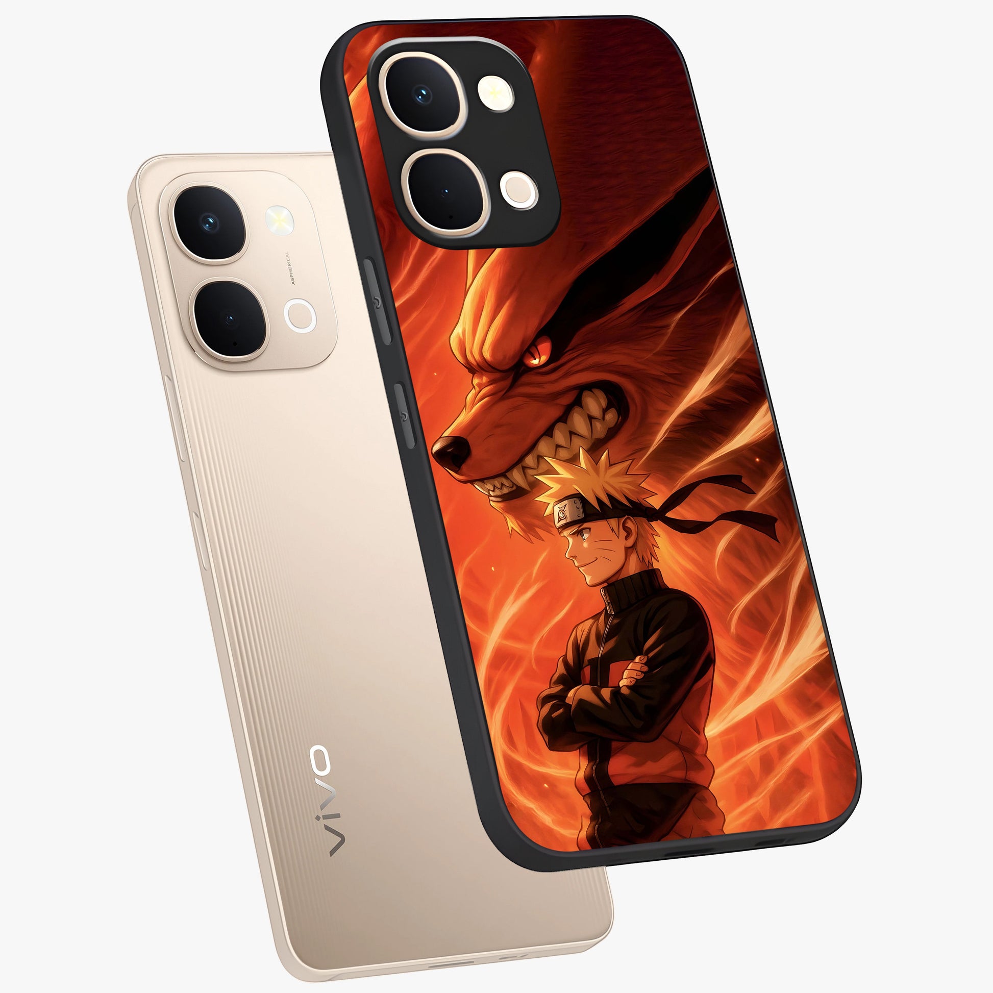Nine Tails Legacy Glass Case displayed in angled mockup highlighting dynamic anime beast illustration with bold mystical aesthetic.