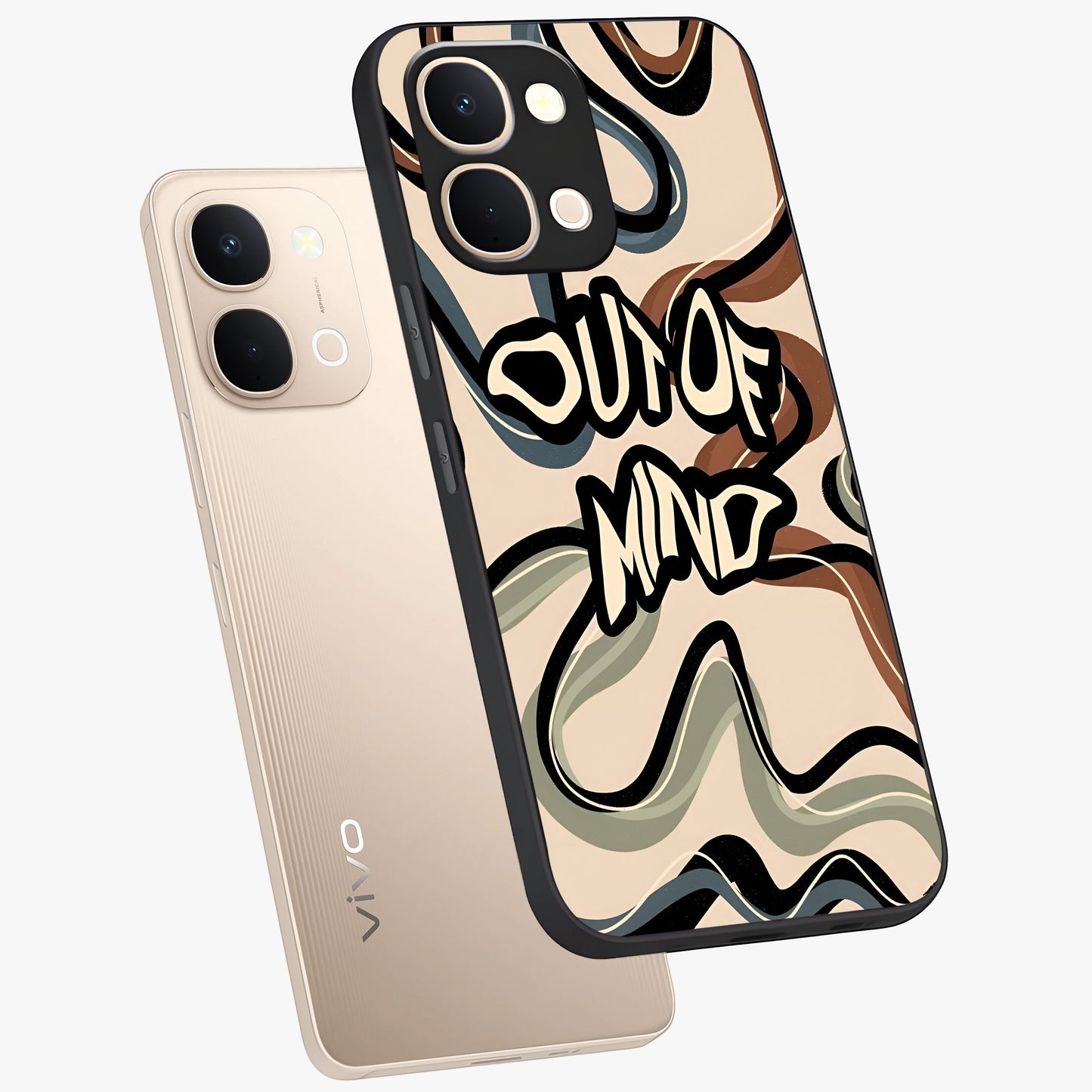 Out Of Mind Glass Case displayed in angled mockup highlighting bold statement design with modern artistic aesthetic.