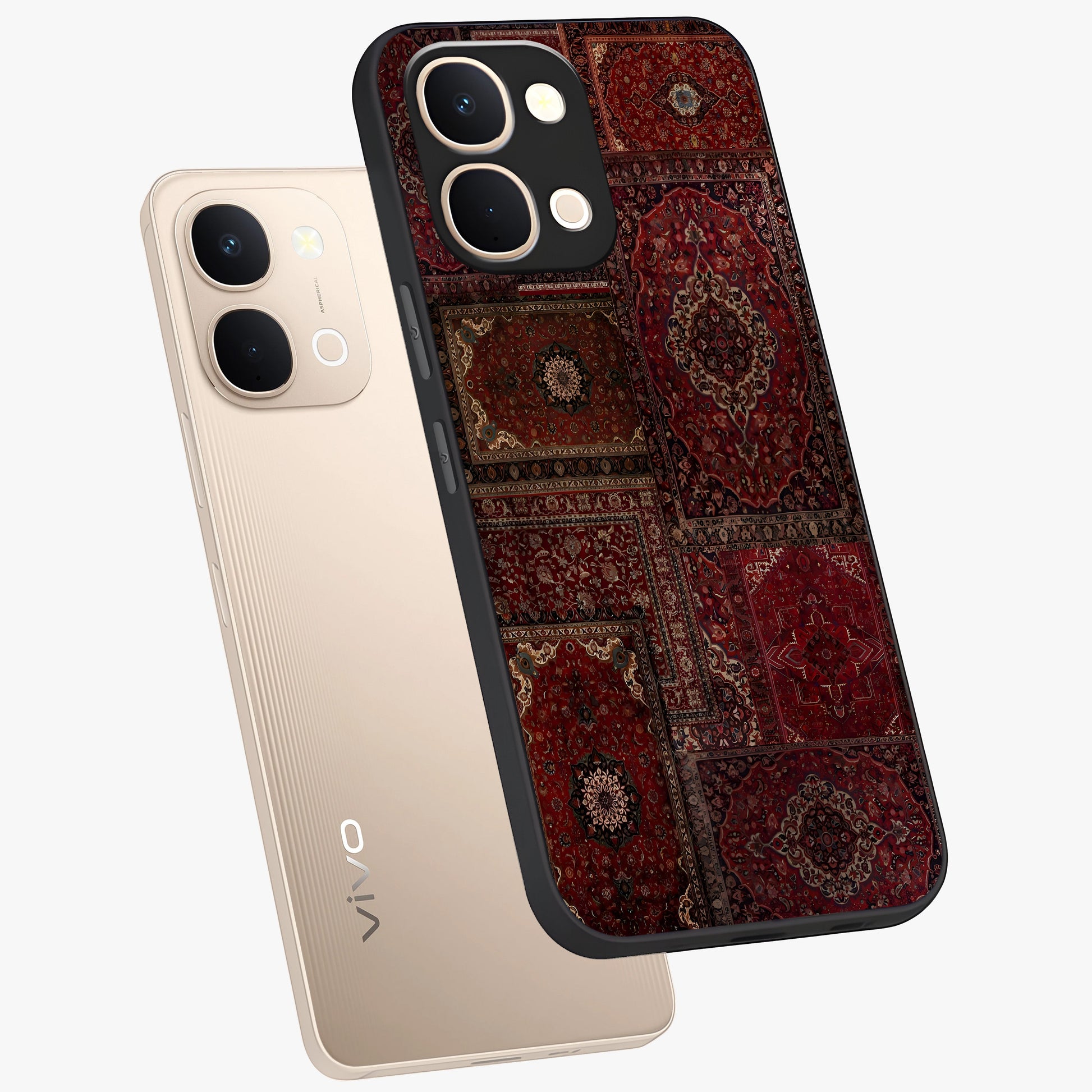 Persian Velvet Tale Glass Case displayed in angled mockup highlighting ornate textile inspired design with royal aesthetic.