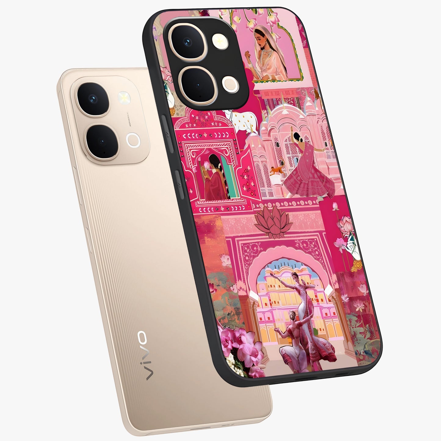 Pink Palace Muse Glass Case displayed in angled mockup highlighting dreamy palace illustration with soft pink aesthetic.