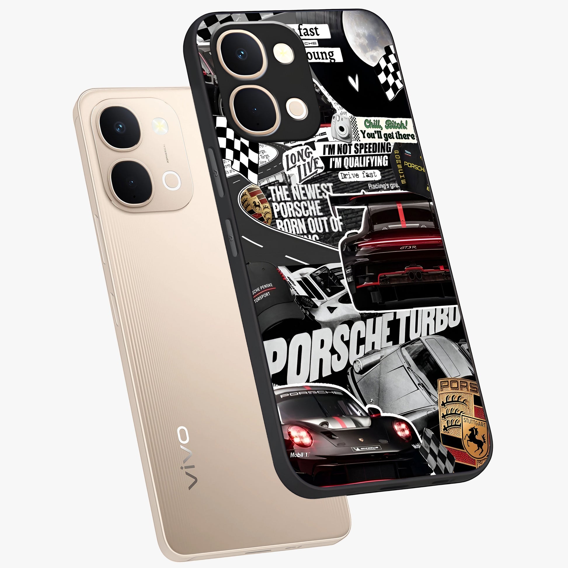 Porsche Racing Collage Glass Case displayed in angled mockup highlighting dynamic automotive design with bold racing aesthetic.