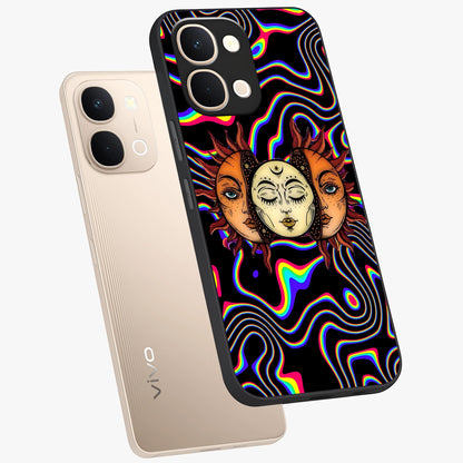 Psychedelic Sun Glass Case displayed in angled mockup highlighting vibrant abstract sun design with artistic aesthetic style.
