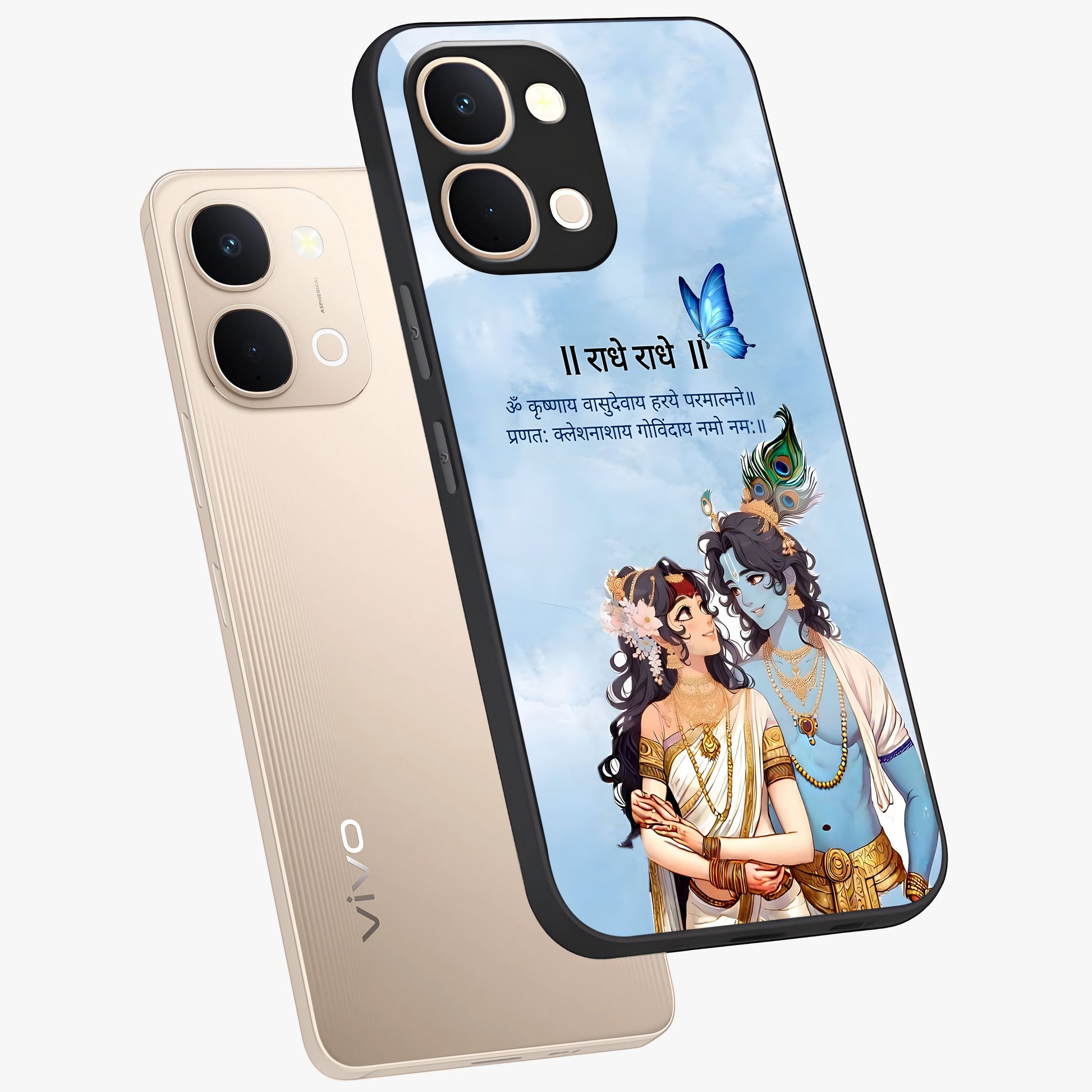 Radha Krishna Eternal Glass Case displayed in angled mockup highlighting divine Radha Krishna illustration with spiritual aesthetic.