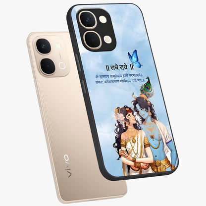Radha Krishna Eternal Glass Case displayed in angled mockup highlighting divine Radha Krishna illustration with spiritual aesthetic.