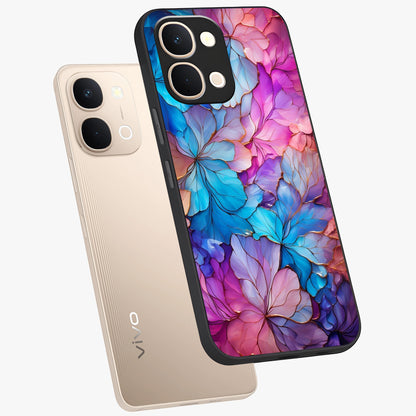 Radiant Floral Whirl Glass Case displayed in angled mockup highlighting vibrant flower pattern with dynamic artistic aesthetic.