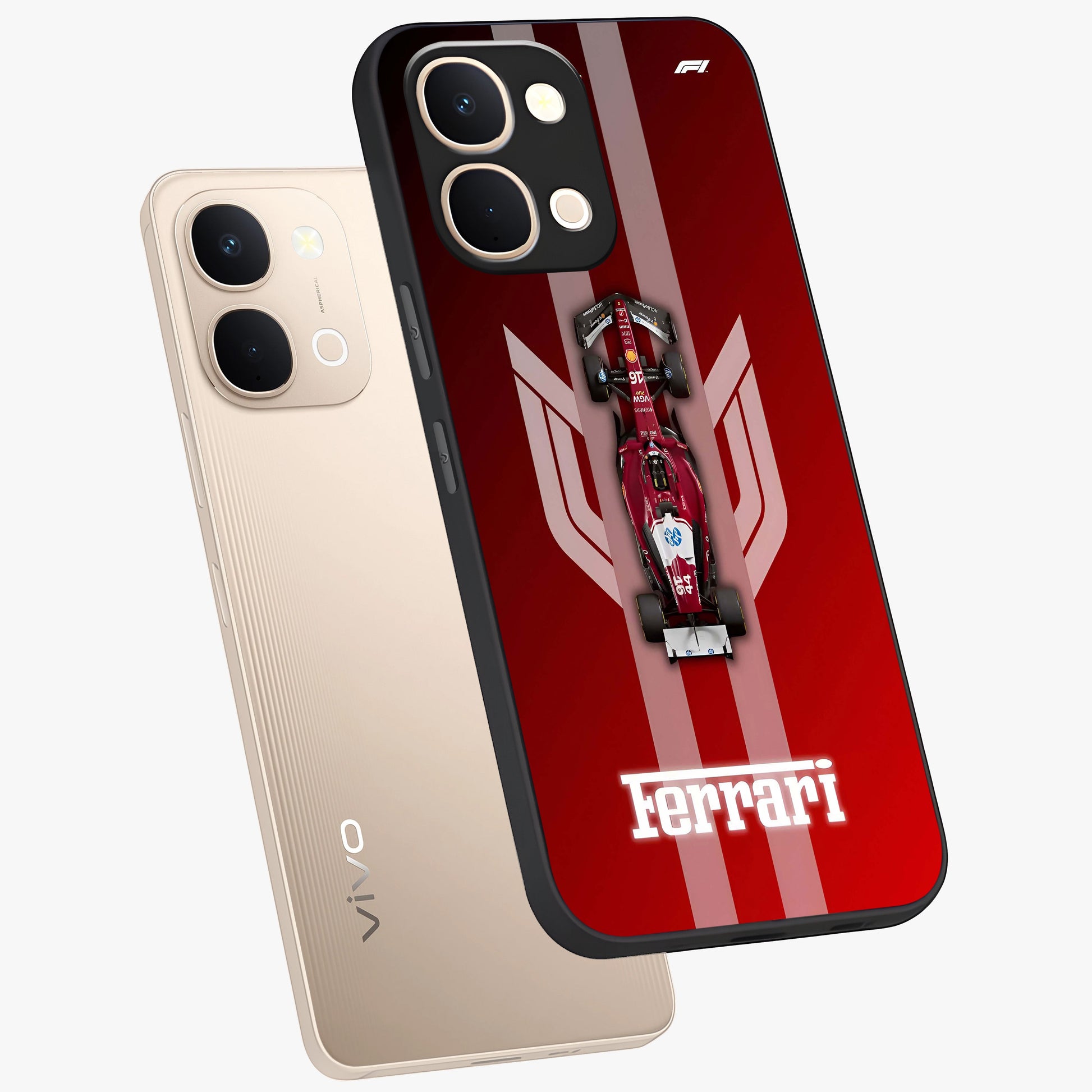 Red Ferrari F1 Vertical Glass Case displayed in angled mockup highlighting high speed racing design with bold automotive aesthetic.