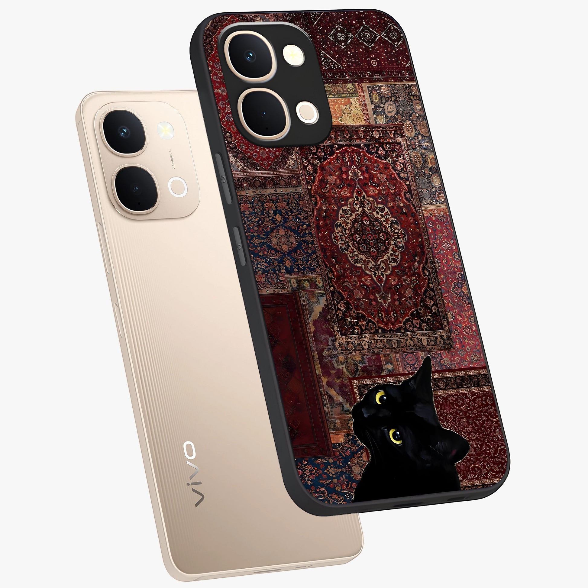 Regal Magic Cat Apple Glass Case displayed in angled mockup highlighting whimsical feline design with fantasy aesthetic.