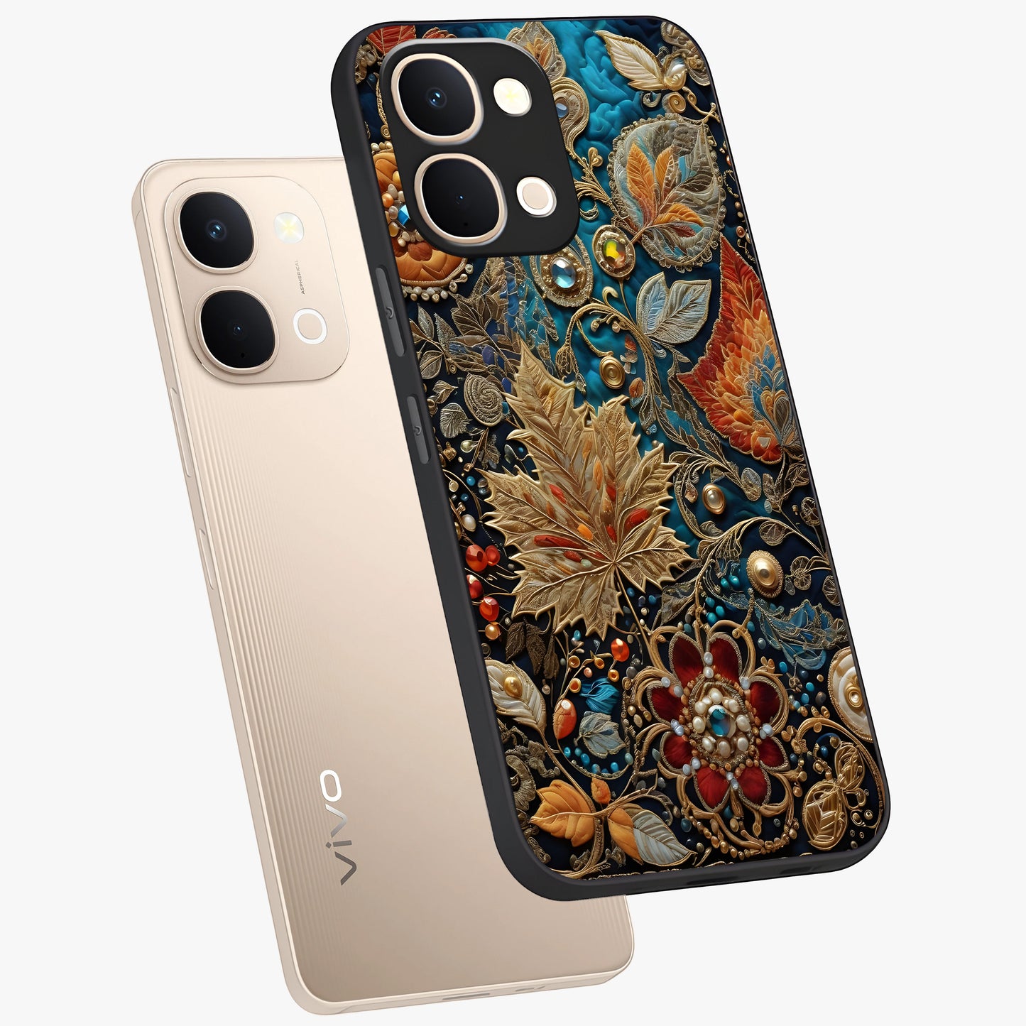 Royal Jewel Garden Glass Case displayed in angled mockup highlighting vibrant jewel inspired floral design with elegant aesthetic.