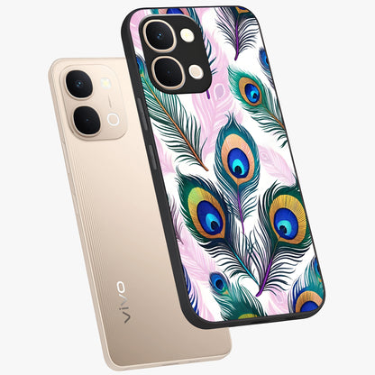 Royal Peacock Feathers Glass Case displayed in angled mockup highlighting vibrant feather pattern with regal aesthetic style.