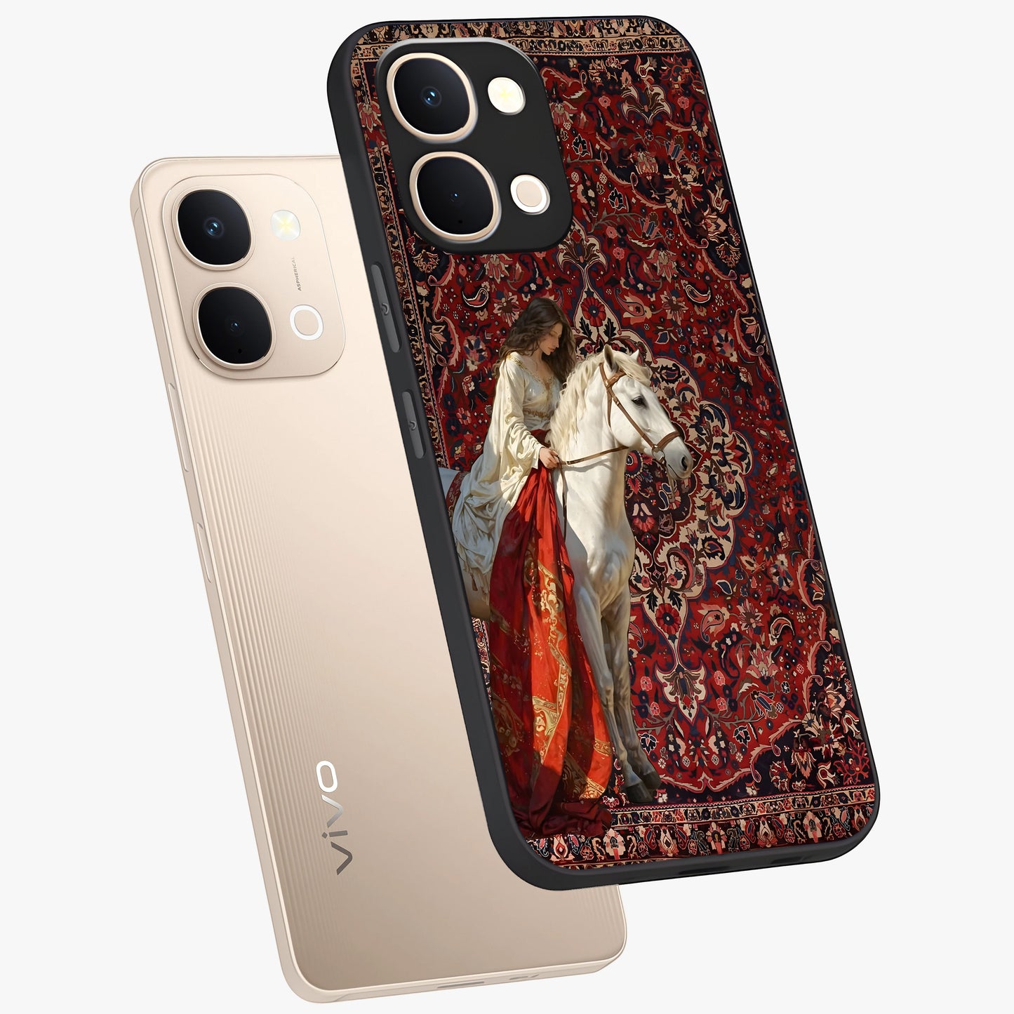 Royal Rider Tapestry Glass Case displayed in angled mockup highlighting traditional tapestry design with royal heritage aesthetic.