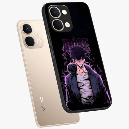 Shadow Monarch Awakening Glass Case displayed in angled mockup highlighting dramatic shadow warrior design with fantasy aesthetic.