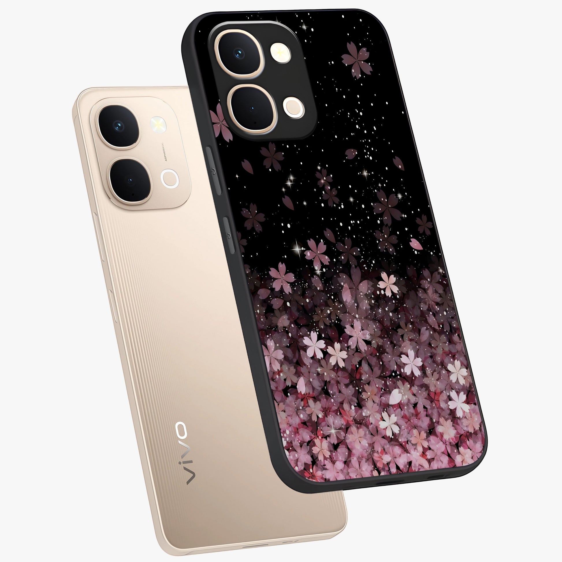 Small Starry Flowers Glass Case displayed in angled mockup highlighting tiny flower pattern with celestial aesthetic style.