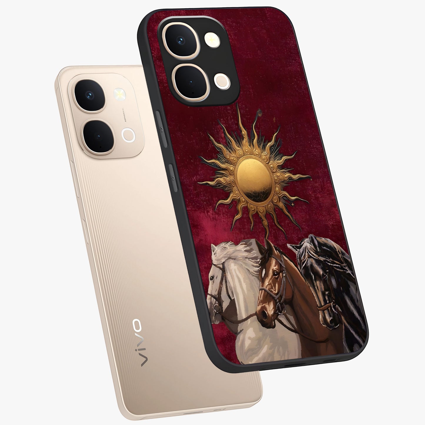 Solar Riders Glass Case displayed in angled mockup highlighting powerful rider illustration with radiant solar aesthetic.