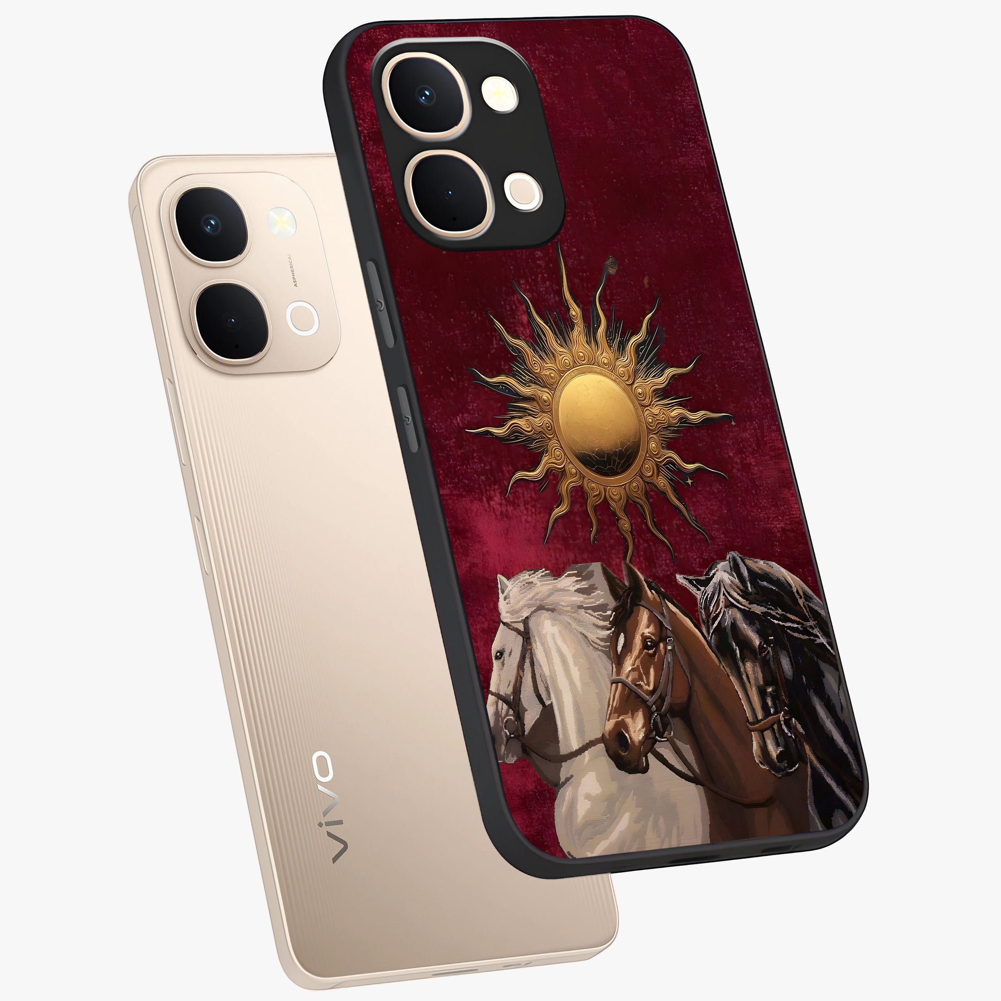 Solar Riders Glass Case displayed in angled mockup highlighting powerful rider illustration with radiant solar aesthetic.