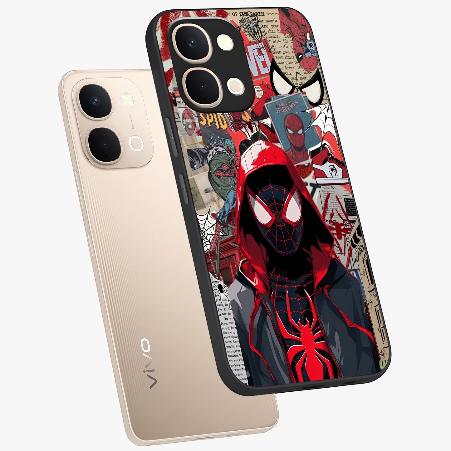 Spider Collage Street Glass Case displayed in angled mockup highlighting dynamic street style collage design with comic aesthetic.