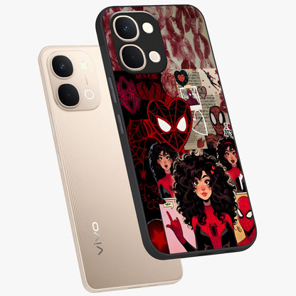 Spider Love Story Glass Case displayed in angled mockup highlighting expressive comic inspired design with playful aesthetic.