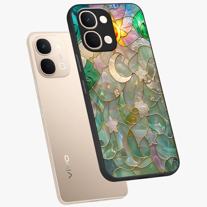 Stained Sunrise Glow Glass Case displayed in angled mockup highlighting radiant sunrise design with artistic aesthetic style.