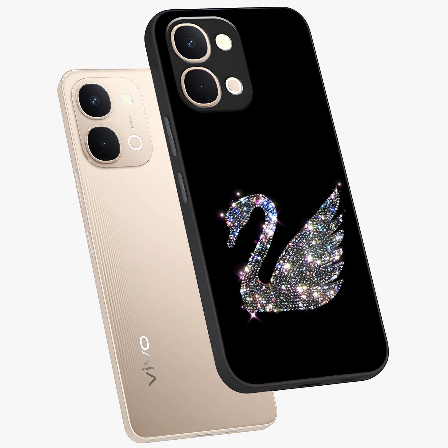 Starlit Swan Grace Glass Case displayed in angled mockup highlighting elegant swan illustration with dreamy celestial aesthetic.