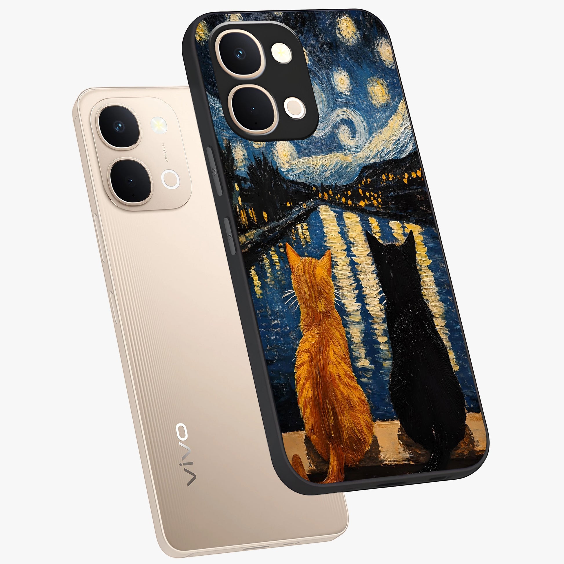 Starry River Cats Glass Case displayed in angled mockup highlighting charming feline illustration with dreamy night aesthetic.
